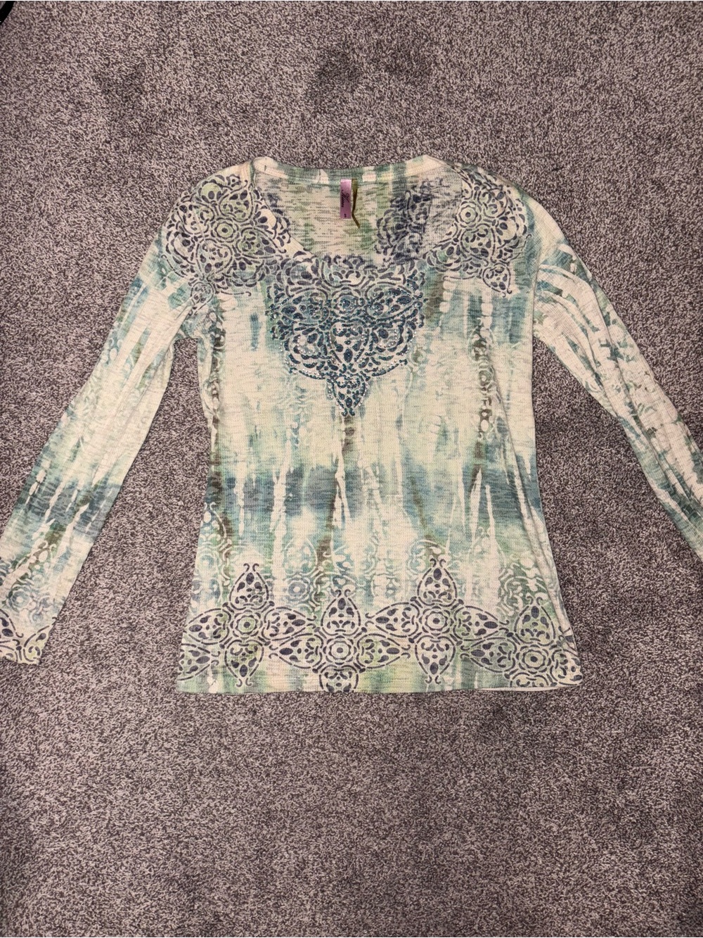 Kiara Y2K Aqua & White Long Sleeve Scoop Neck Top with Navy Medallion Print